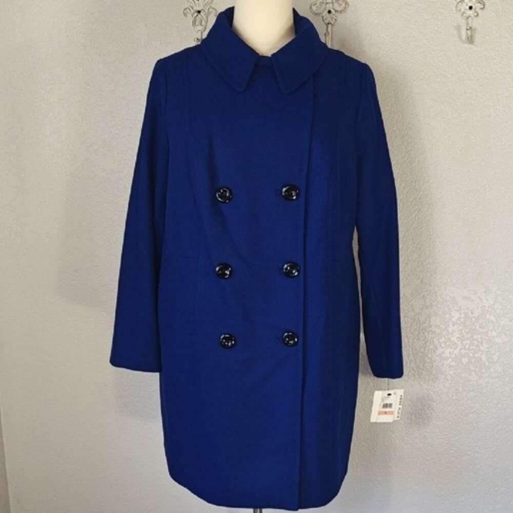 Anne Klein 2X Double-Breasted Peacoat Wool Blend Navy Blue - Picture 3 of 7